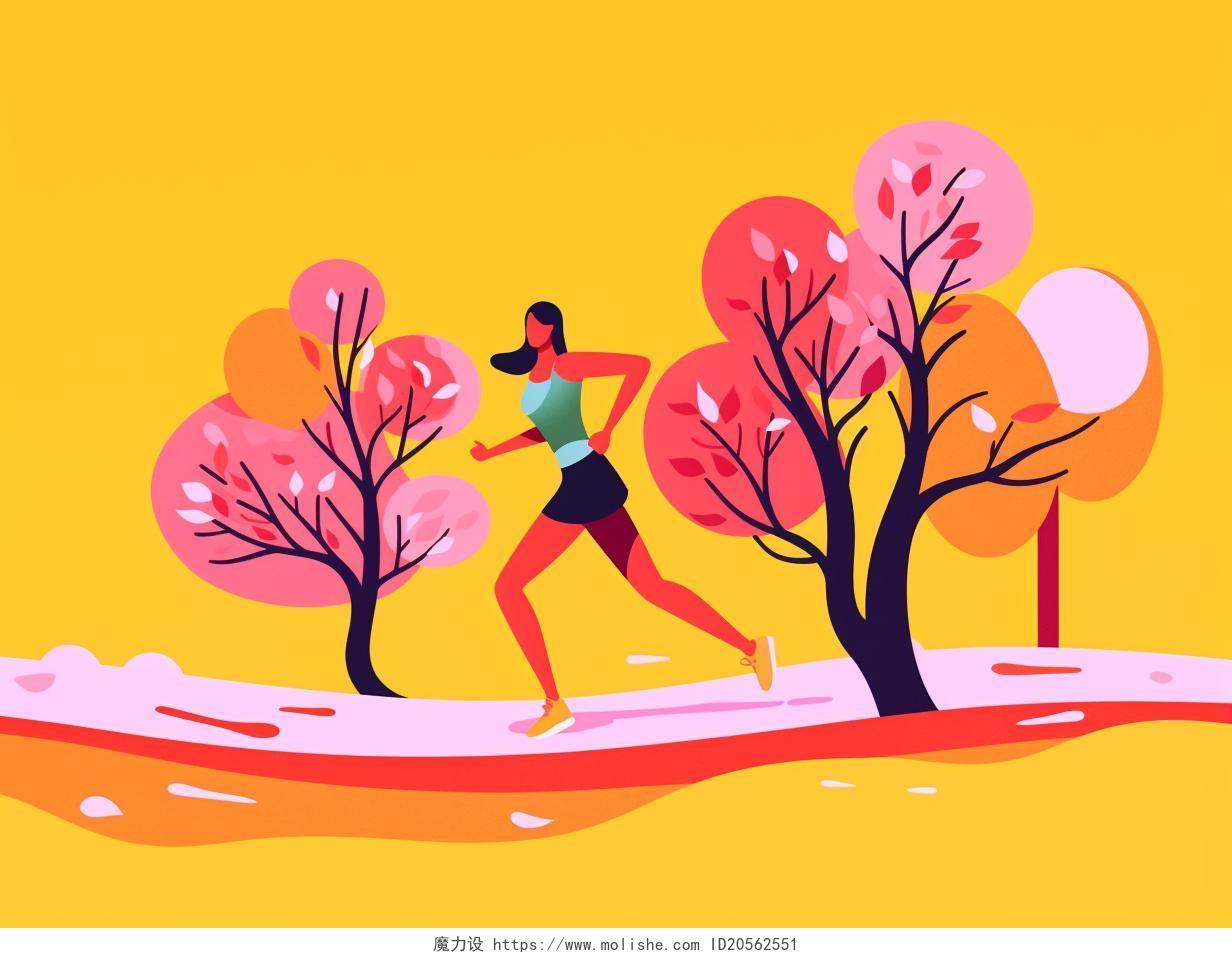 卡通手绘健身节插画想象夸张绚丽色彩人物奔跑纯色背景场景插画海报跑步健身